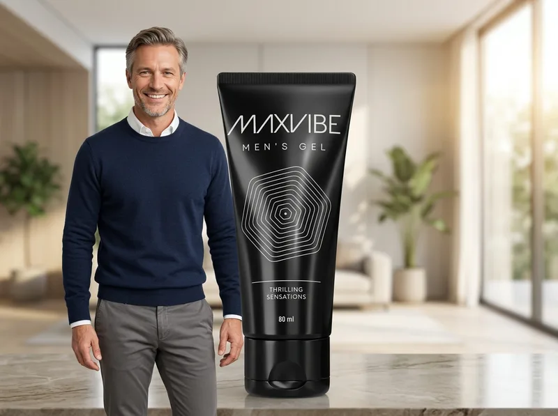Zadowolony mężczyzna prezentujący żel Max Vibe